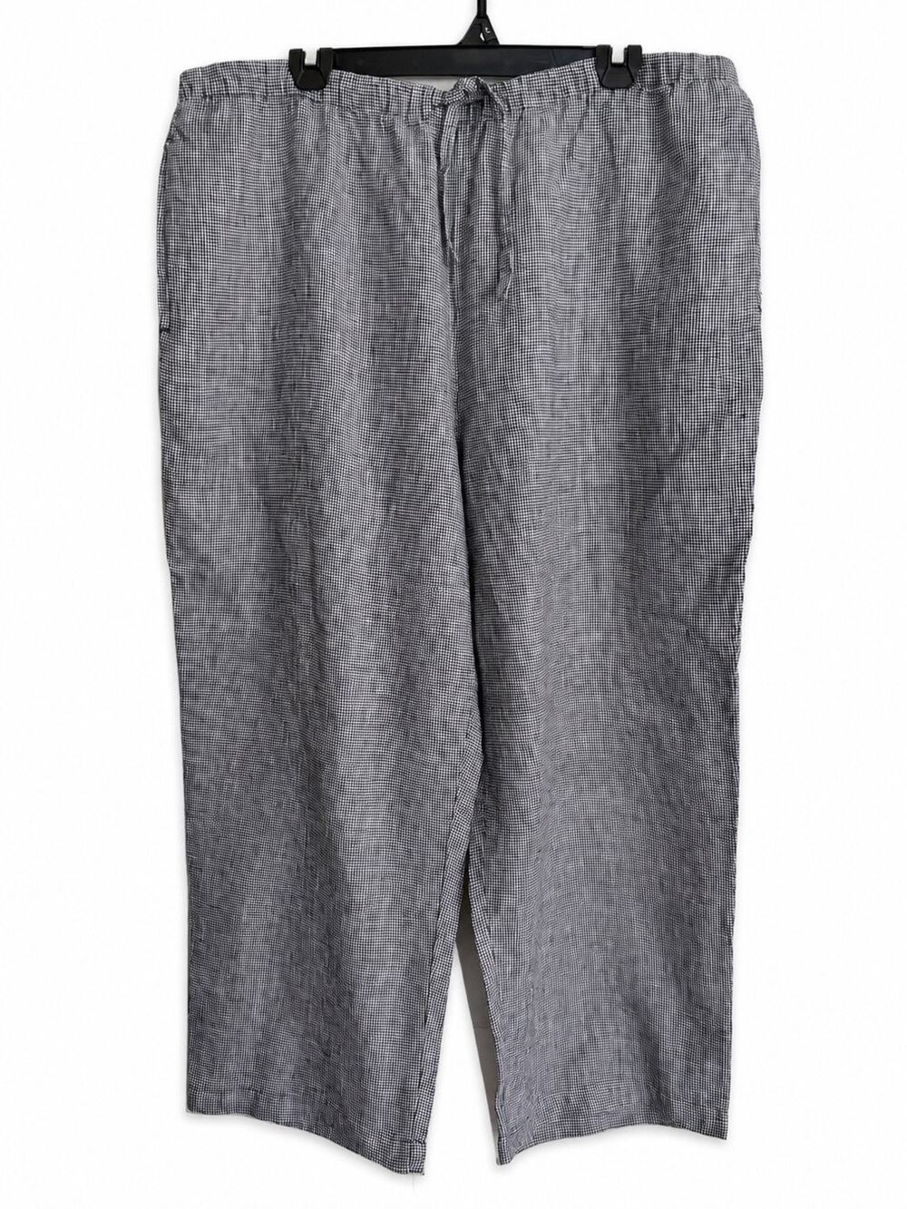 Vintage Orvis 100% Linen Wide Leg Cropped Pants Black White Check XL 18 20